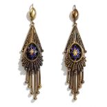 A pair of Victorian gold, blue enamelled and half pearl set pendant earrings,