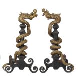 A pair of Italian bronze and cast iron fire dogs, early 19th century,