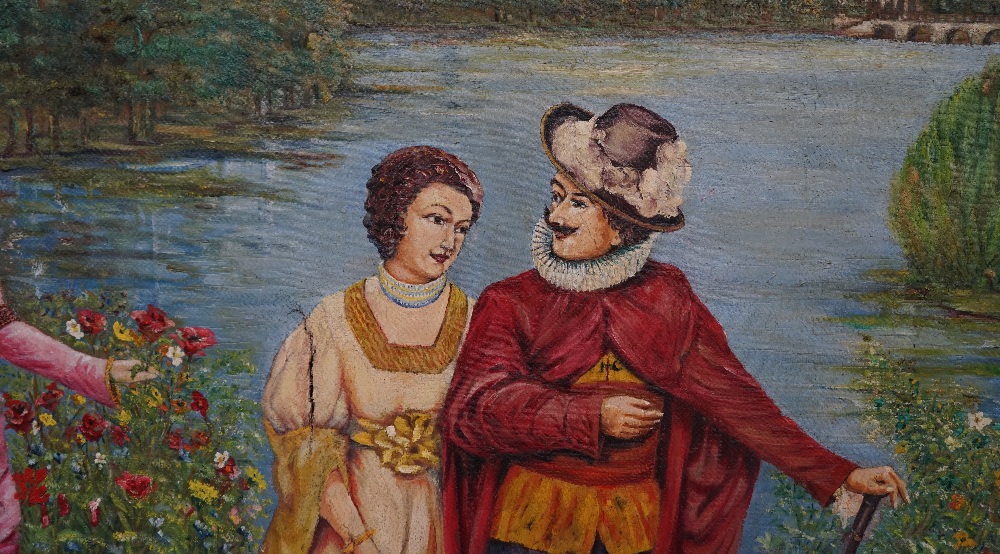 A large painted tapestry panel depicting a 16th century scene of lovers picking flowers against a - Image 3 of 6