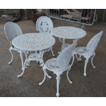 A pair of modern white painted circular garden tables,