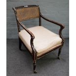 A Regency parcel gilt and ebonised open armchair on turned supports, 57cm wide x 80cm high.