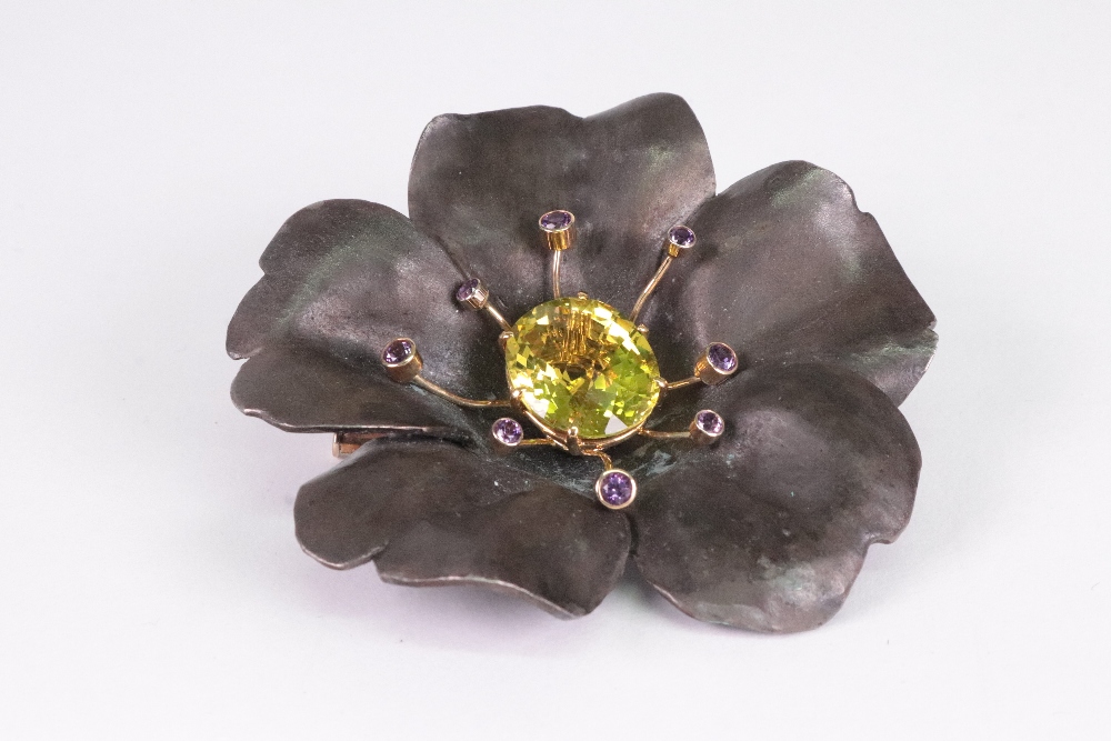 A gold, oxidised silver, citrine and amethyst set brooch of stylized flowerhead design, - Image 2 of 2