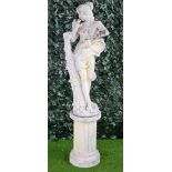 A reconstituted stone figure of a scantily clad Antheia on fluted stand,