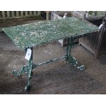 A green painted aluminum rectangular garden table, 115cm wide x 71cm high.