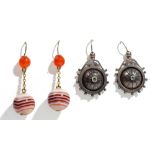 A pair of banded red and grey agate bead earrings, each with a cornelian bead surmount,
