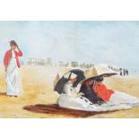 Manner of Eugène Boudin, Ladies on the beach, oil on canvasboard, 40 x 57cm.