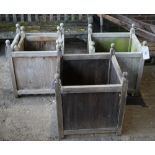A set of three Versailles style teak square planters, 55cm wide x 65cm high,
