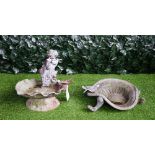 A 19th century lead shell shaped bird bath with cherub and bird mount,