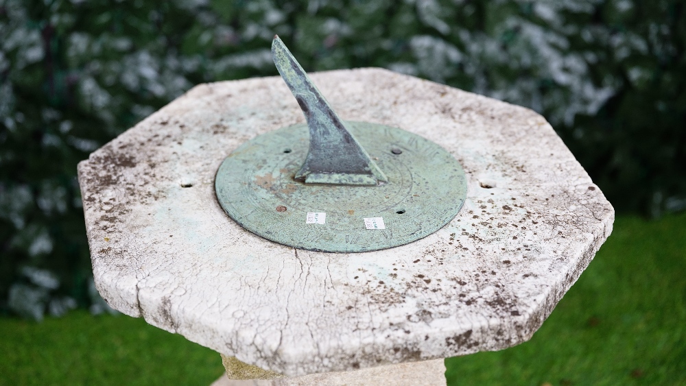 A cast bronzed sundial on a stone square baluster column, - Image 2 of 2