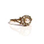 A 9ct gold, diamond and cultured pearl cluster ring,
