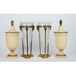 A pair of modern cream painted and gilt banded pottery table lamps, each of urn form, 39cm high,