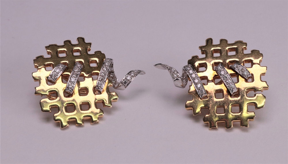 A pair of 18ct white and yellow gold and diamond set earclips of abstract lattice design, - Image 2 of 2