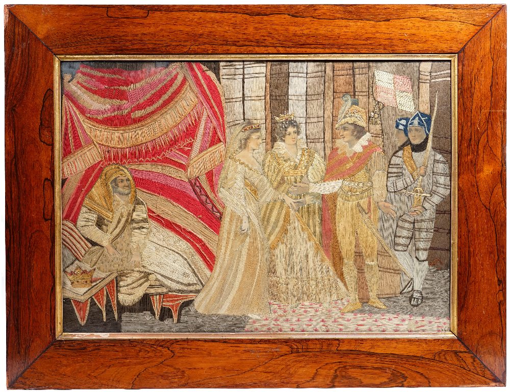A 19th century tapestry panel, depicting a Medieval wedding ceremony, framed and glazed,