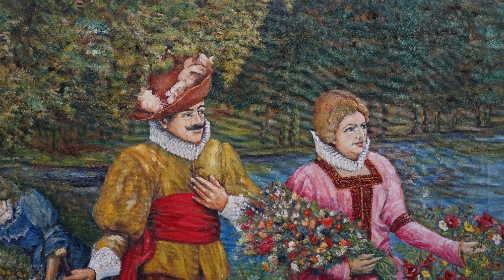 A large painted tapestry panel depicting a 16th century scene of lovers picking flowers against a - Image 2 of 6