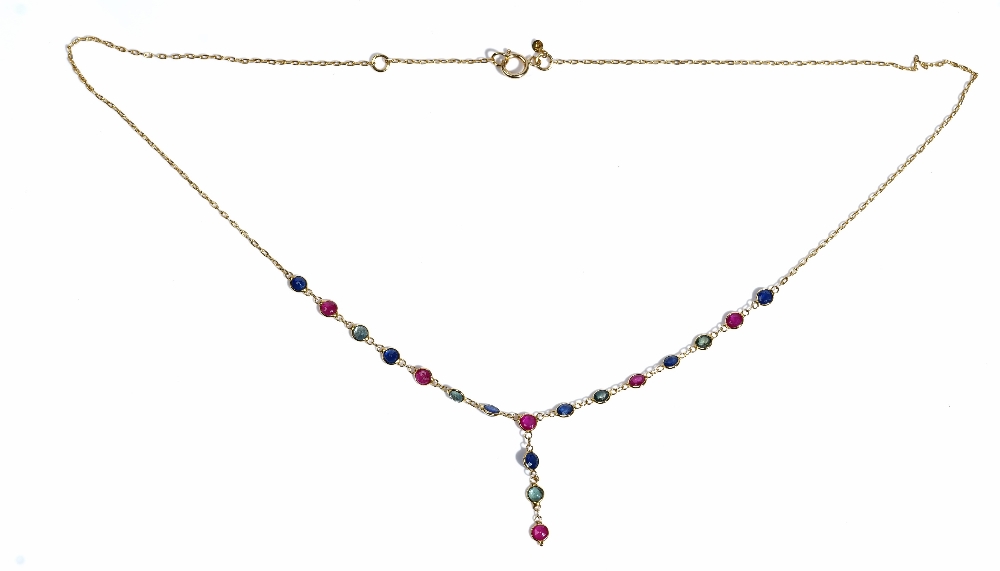 A gold, sapphire, ruby and green gemstone pendant necklace, - Image 2 of 2