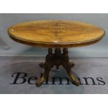 A Victorian style inlaid walnut oval centre table, 115cm wide x 65cm high.