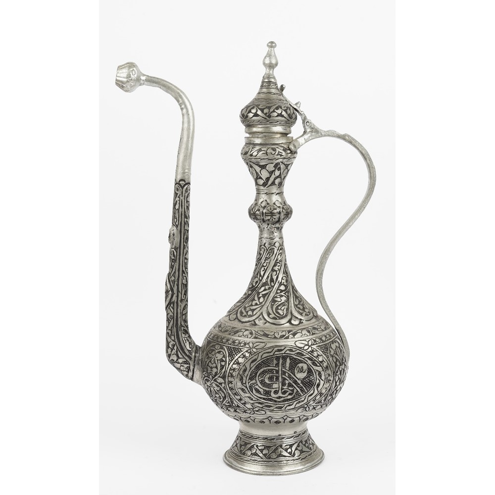 A tall Turkish white metal ewer and a stand, - Image 3 of 5