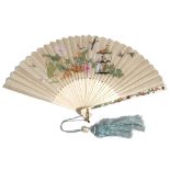 A Japanese ivory and shibayama fan, Meiji period, the paper leaf painted one one side with fish,