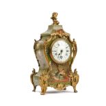 A French green painted mantel clock, 20th century with gilt metal mounts and cherub finial,