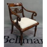A 19th century mahogany bar back open armchair on turned suppports, 53cm wide x 83cm high.