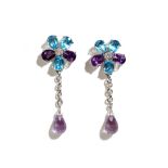 A pair of 9ct white gold, diamond, amethyst and blue topaz earrings,