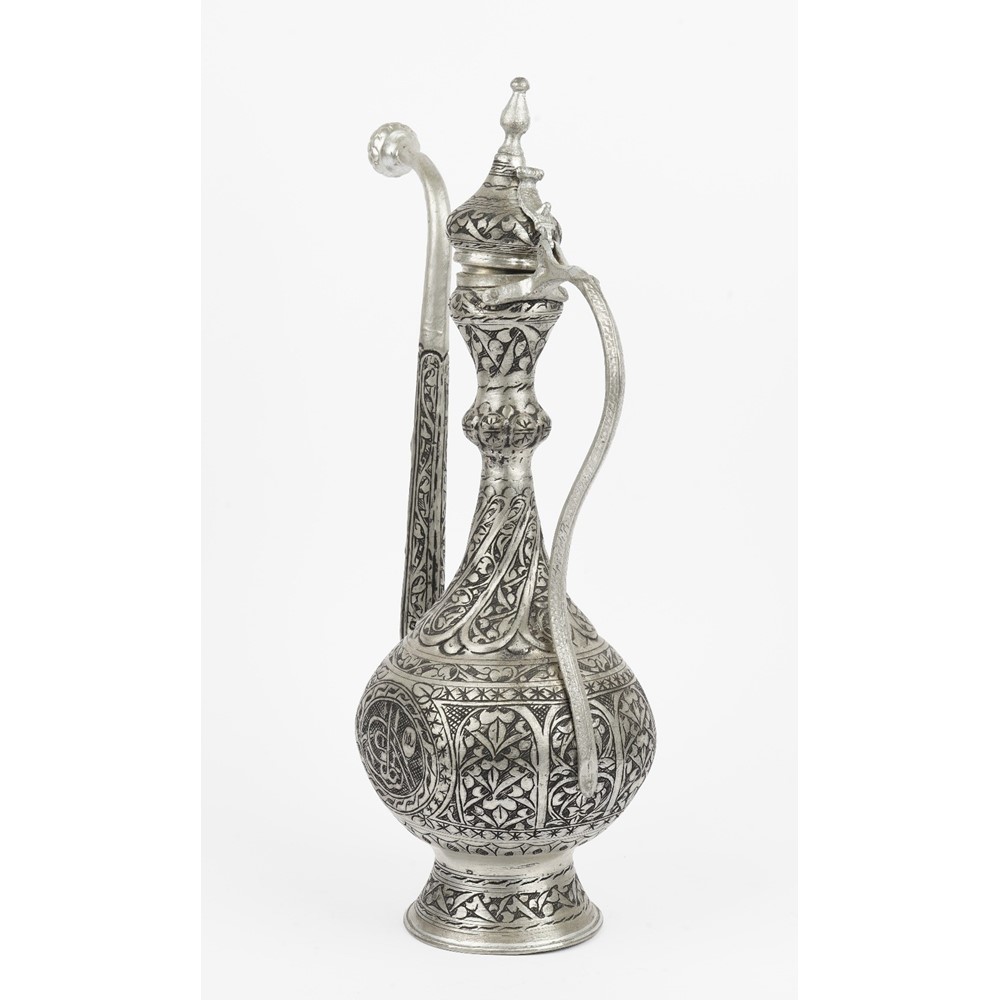 A tall Turkish white metal ewer and a stand, - Image 2 of 5