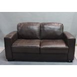 A modern hardwood framed two-seater sofa with faux leather upholstery, 160cm wide x 70cm high.