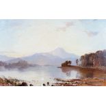 Circle of Charles Leslie, Mountainous lake scene, oil on canvas, 57 x 90cm.