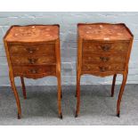 A pair of Louis XV style floral marquetry inlaid walnut serpentine three drawer bedside tables,