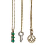 A 9ct gold and emerald three stone pendant, with a gold neckchain, on a boltring clasp,
