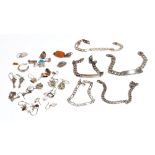 A group of mostly silver mounted jewellery, comprising; ten pairs of earrings, three bracelets,