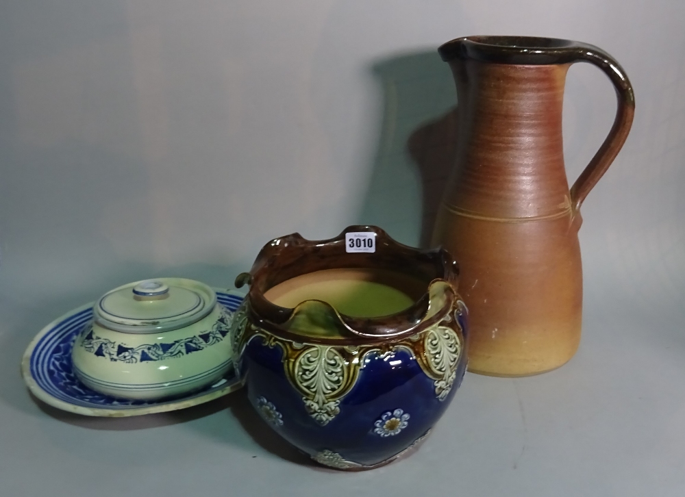 A Doulton jardinèire with blue glaze, 21cm high, a brown glaze studio pottery jug, - Image 2 of 2