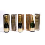 Five bottles of Pol Roger Brut Chardonnay Champagne, boxed, three 1993 and two 1990.