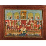 Indian School, 20th century, oil painting on board, palace interior scene with various figures,