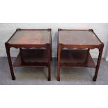 A pair of 18th century style mahogany two tier square occasional tables on block supports,