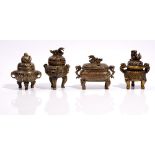 Four Chinese small bronze censers and covers, Xuande marks but later, with various decoration,