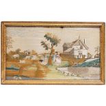 A 19th century rectangular silkwork tapestry panel of a farmyard scene, 46cm x 28cm.