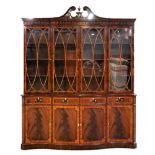 A George III style mahogany breakfront bookcase cabinet,
