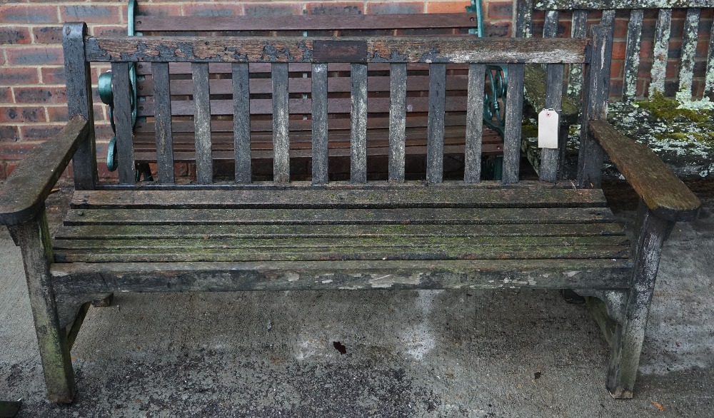 A modern slatted garden bench 155cm wide.