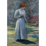 E Arkle (British, early 20th Century), A woman in the garden, inscribed 'E Arkle, Backwell Manor,