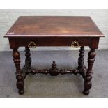 A 17th century walnut single drawer side table, on turned supports and stretcher,