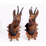 A pair of 19th century Black Forest carved lime wood chamois heads with natural horn,
