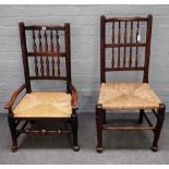 Two Lancashire spindle back ash and elm chairs, 19th century, one with arms, having rush seats,