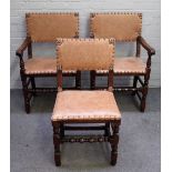A set of eight Charles I styleI oak framed leather upholstered square back dining chairs,