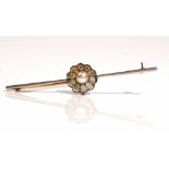 A gold, diamond and cultured pearl set cluster bar brooch,
