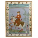 A large Persian painting, 20th century, gouache on paper, painted with an archer on horseback,