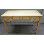 An 18th century French style duck egg blue and yellow three drawer dressing table,