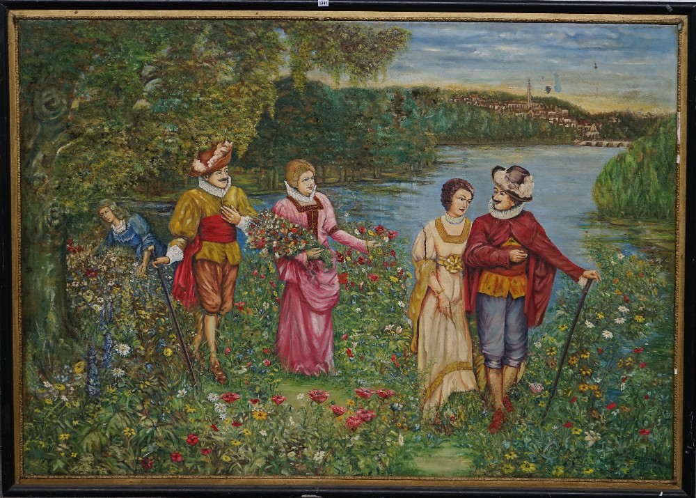 A large painted tapestry panel depicting a 16th century scene of lovers picking flowers against a