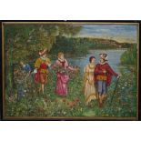 A large painted tapestry panel depicting a 16th century scene of lovers picking flowers against a