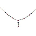 A gold, sapphire, ruby and green gemstone pendant necklace,